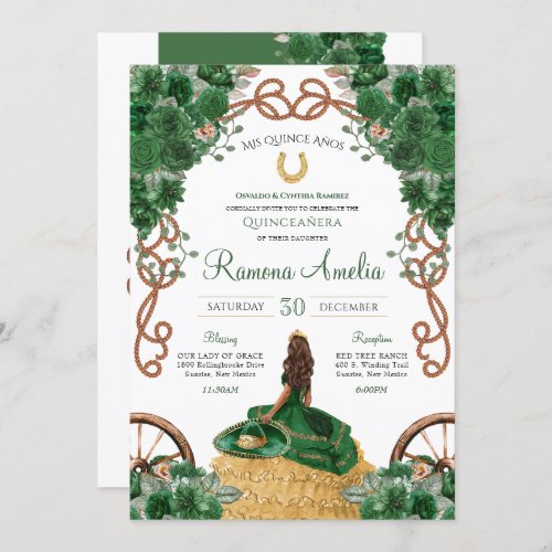 Western Ranch Emerald Green Floral Quinceaera Invitation