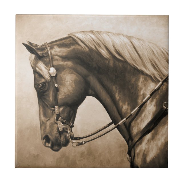 Western Ranch Horse Old Photo Sepia Ceramic Tile (Front)