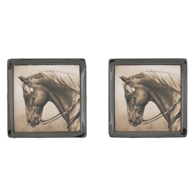 Western Ranch Horse Old Photo Sepia Cufflinks (Front)
