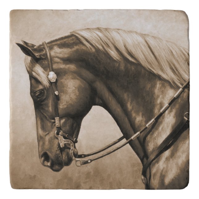 Western Ranch Horse Old Photo Sepia Trivet (Front)