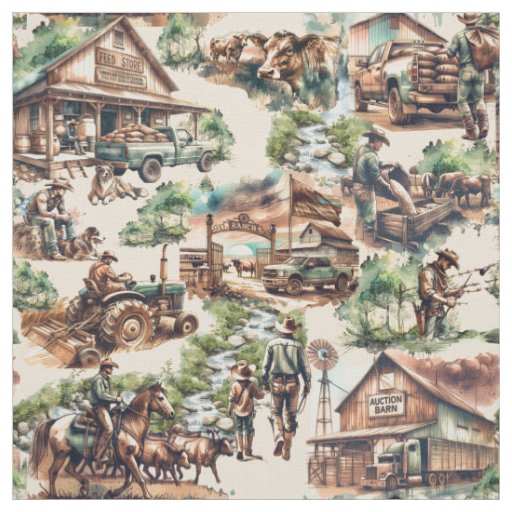 Western Ranch or Country Farm Scene Fabric