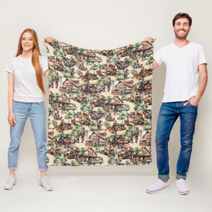 Western Ranch or Country Farm Scene Fleece Blanket