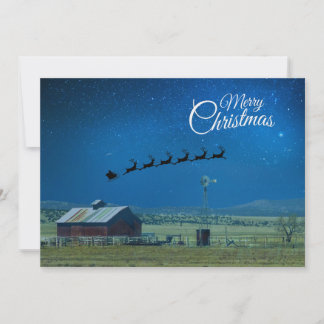 Western Ranch scene with Santa and Reindeer Holiday Card