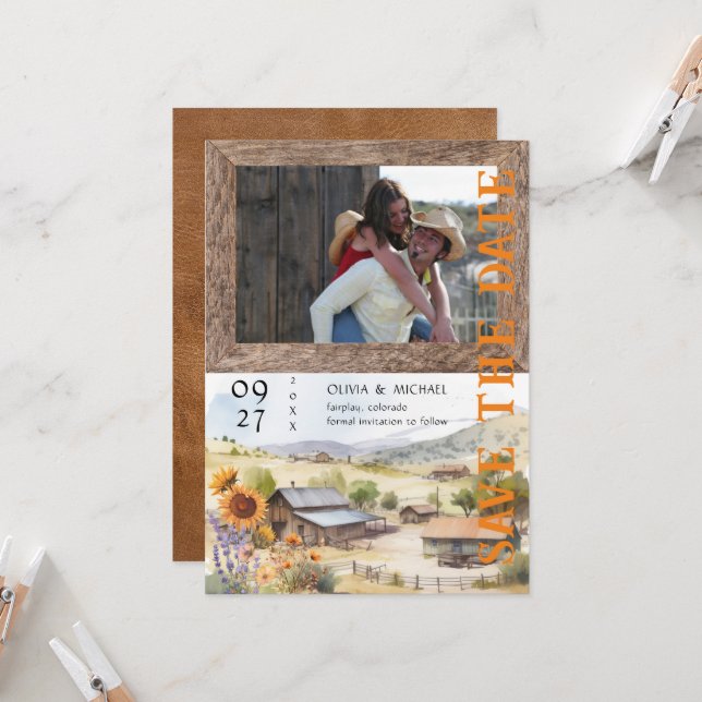 Western Ranch Wedding Photo Save the Date (Front/Back In Situ)