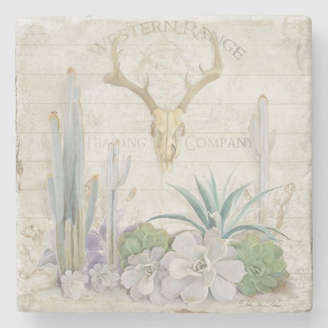 Western Range Desert Southwest Deer Antler Skull Stone Coaster (Front)