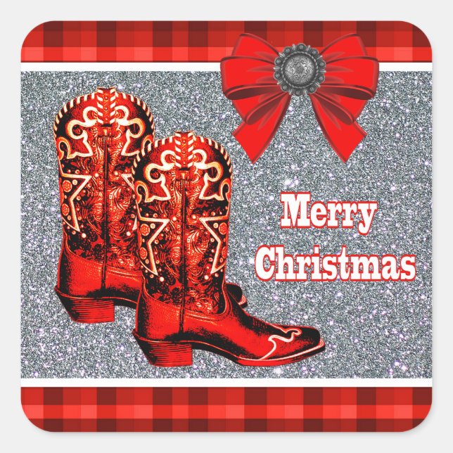 Western Red Cowboy Boots And Plaid Holiday Square Sticker (Front)