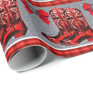 Western Red Cowboy Boots Plaid Wrapping Paper