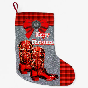 Western Red Cowboy Boots With Plaid Small Christmas Stocking