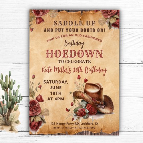 Western Red Floral Cowgirl Birthday Hoedown Invitation