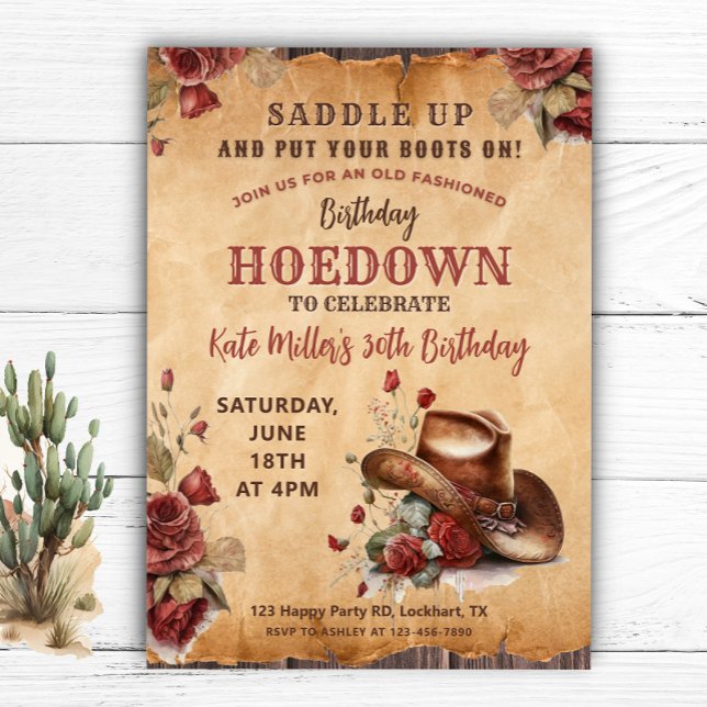 Western Red Floral Cowgirl Birthday Hoedown Invitation (Creator Uploaded)