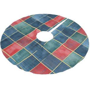 Western Red Green Blue Squares Christmas Brushed Polyester Tree Skirt