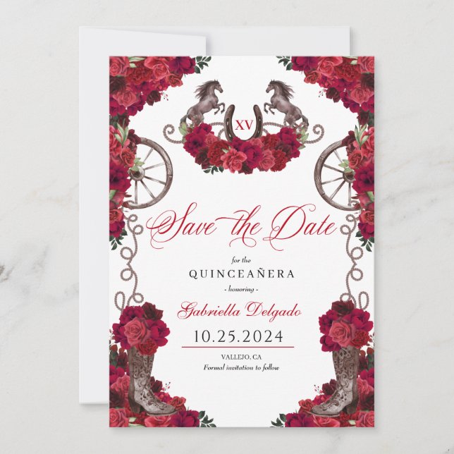 Western Red Roses Charro Save The Date Quinceañera Invitation (Front)