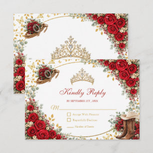 Western Red Roses Golden Country Quinceañera RSVP Card