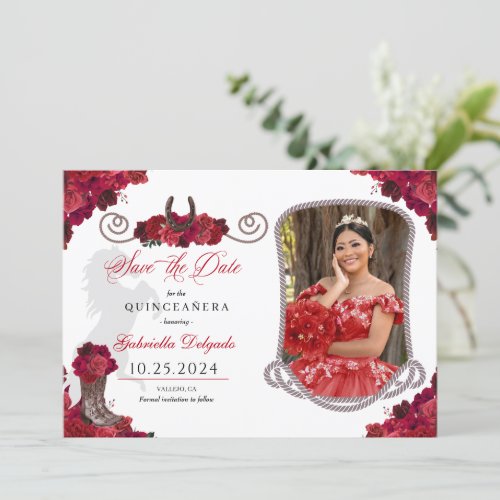 Western Red Roses Quinceaera Save The Date Photo Invitation