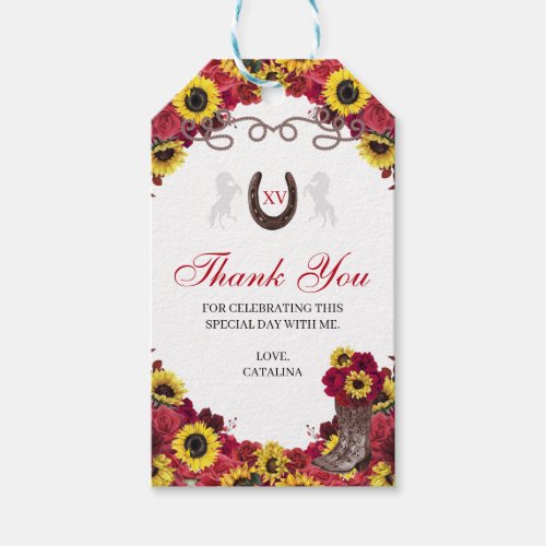 Western Red Roses Sunflowers Cowgirl Quinceanera Gift Tags