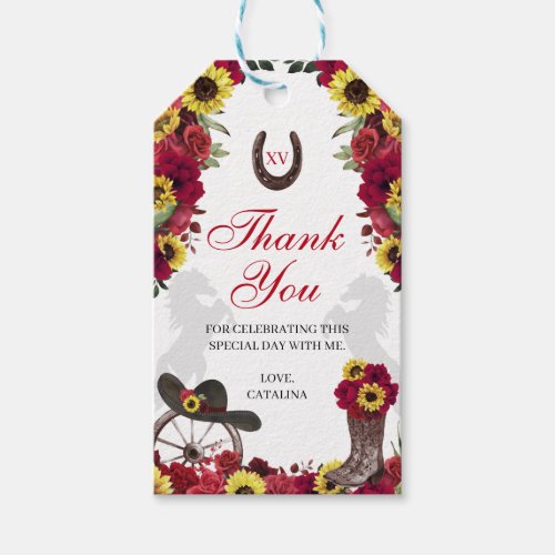 Western Red Roses Sunflowers Quinceanera Gift Tags