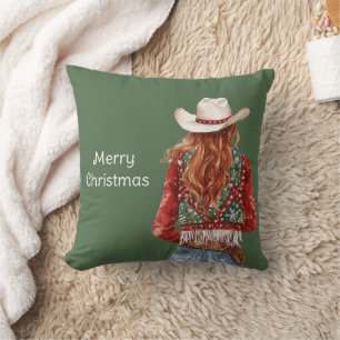 Western Redhead Cowgirl Christmas Throw Pillow