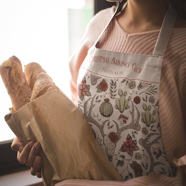 Western Reindeer Ranch Christmas Baking Crew Apron (Christmas Baking Crew Personalized Xmas Apron. Hand-Drawn Western Pattern. Reindeer Antlers & Cactus)