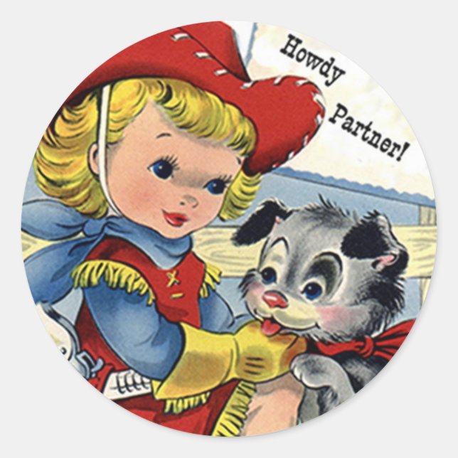 Western Retro Lil' Cowgirl Puppy Dog Fun Stickers (Front)