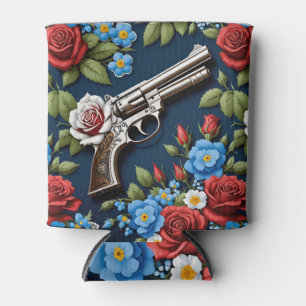Western Revolver Gun Vintage Roses Floral Can Cooler