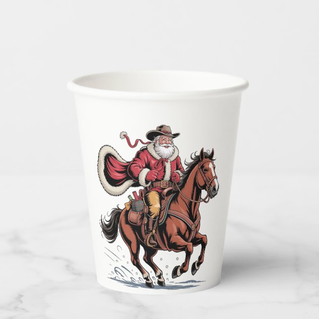 Western Riding Rodeo Horse Cowboy Santa Christmas Paper Cups (Front)