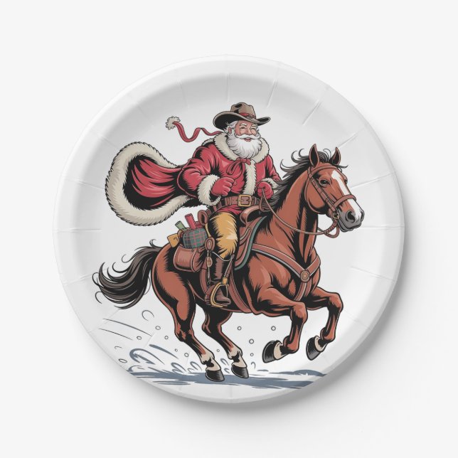 Western Riding Rodeo Horse Cowboy Santa Christmas Paper Plates (Front)