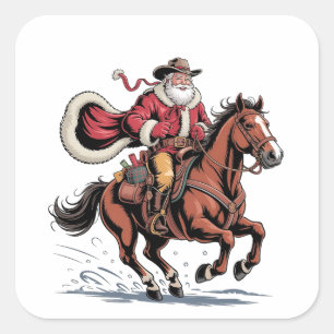 Western Riding Rodeo Horse Cowboy Santa Christmas Square Sticker