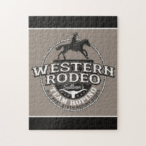 Western Rodeo ADD NAME Old West Steer Roping Roper Jigsaw Puzzle