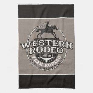 Western Rodeo ADD NAME Old West Steer Roping Roper Kitchen Towel