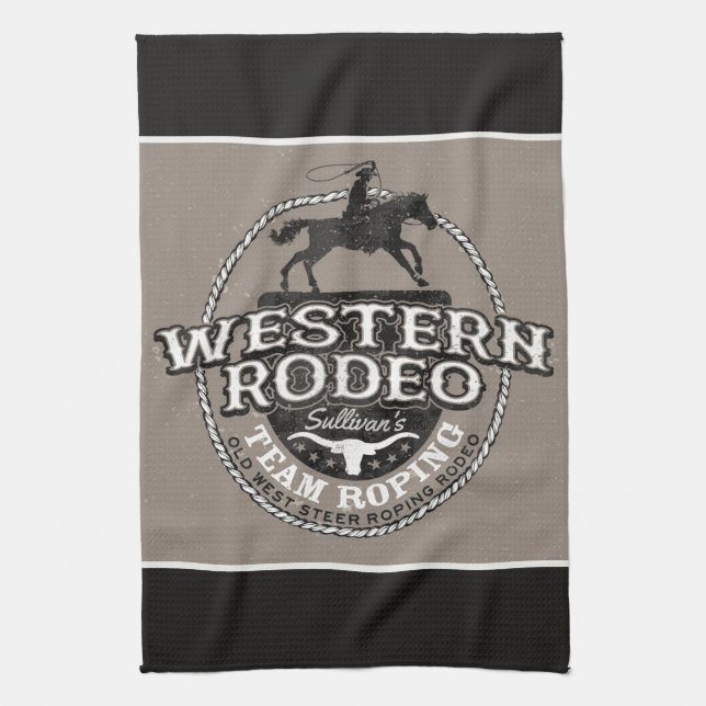 Western Rodeo ADD NAME Old West Steer Roping Roper Kitchen Towel (Vertical)