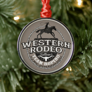 Western Rodeo ADD NAME Old West Steer Roping Roper Metal Ornament