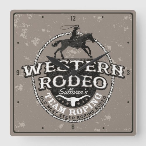Western Rodeo ADD NAME Old West Steer Roping  Square Wall Clock