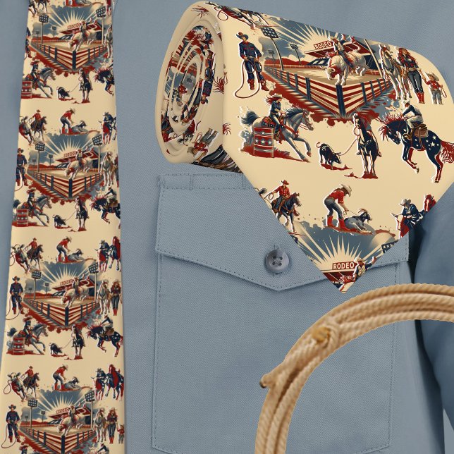Western Rodeo Arena Cowboy Cowgirl Rodeo Events Neck Tie (Western Rodeo Events Rodeo Arena with Cowboys Cowgirls Horses Steers Bulls Calves in action.)