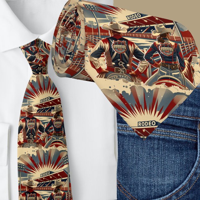 Western Rodeo Arena Cowboy Cowgirl Rodeo Team Neck Tie (Western Rodeo Team Cowboy and Cowgirl on Horses at Rodeo)