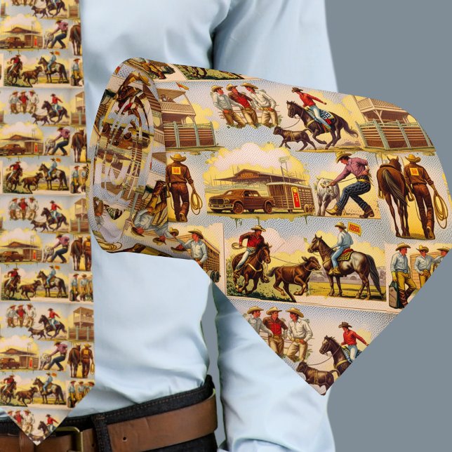 Western Rodeo Arena Cowboys Roping Neck Tie (Vintage Western Cowboy Rodeo Scenes print on Men's Necktie)