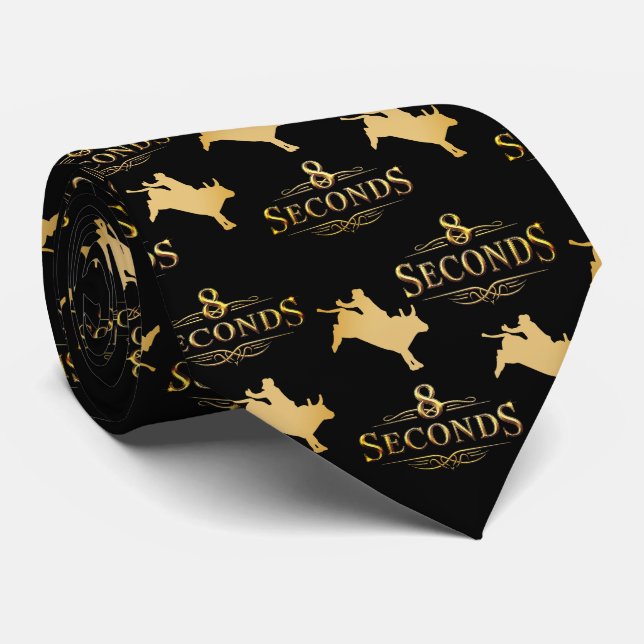 Western Rodeo Bull Riding 8 Seconds Black / Gold Neck Tie (Rolled)