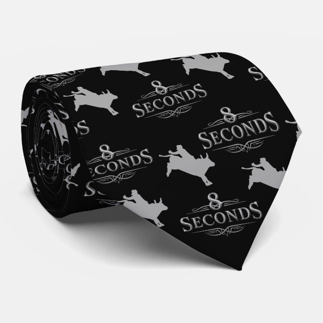 Western Rodeo Bull Riding 8 Seconds Black / Silver Neck Tie (Rolled)