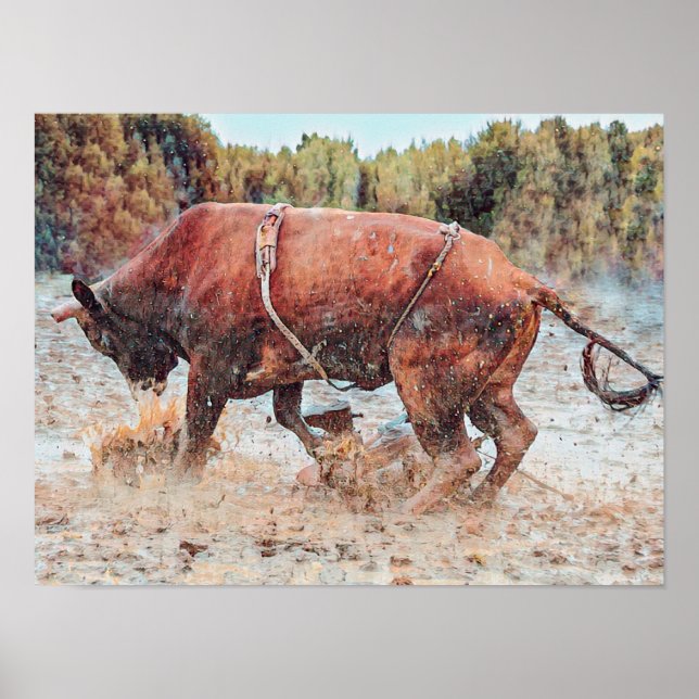 Western Rodeo Bull Rustic Country Cowboy Vintage Poster (Front)