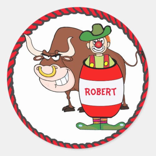 Western Rodeo Clown And Bull Personalize Classic Round Sticker