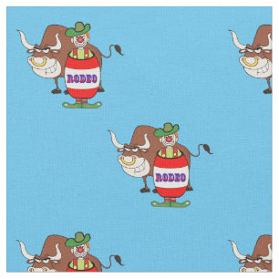 Western Rodeo Clown in Barrel And Bull Cartoon Fabric