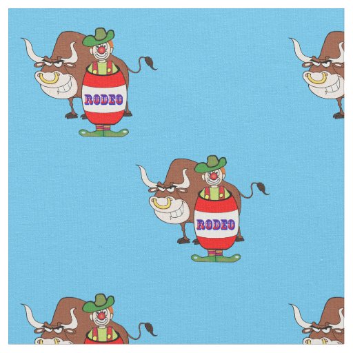 Western Rodeo Clown in Barrel And Bull Cartoon Fabric
