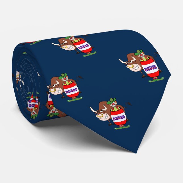 Western Rodeo Clown In Barrel and Bull Large Print Neck Tie (Rolled)
