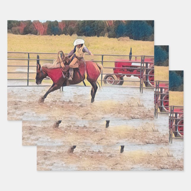 Western Rodeo Country Horse Riding Art Wrapping Paper Sheets (Set)
