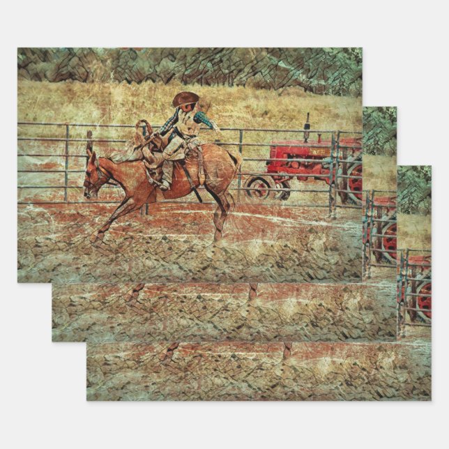 Western Rodeo Country Horse Riding Texture Wrapping Paper Sheets (Set)