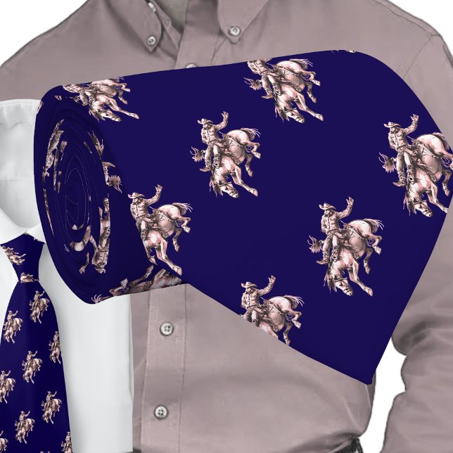 Western Rodeo Cowboy Bronc Rider Bronze on Blue Neck Tie (Western Rodeo Cowboy Bronc Riding Men's Necktie Bareback Riding Bucking Horse)