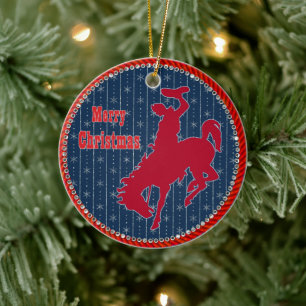 Western Rodeo Cowboy Bronc Riding Christmas Ceramic Ornament