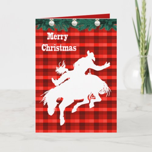 Western Rodeo Cowboy Bronc  Riding  Plaid Holiday Card