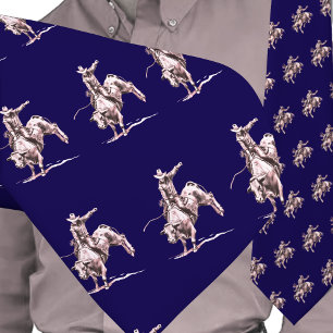 Western Rodeo Cowboy Bull Riding Bronze on Blue Neck Tie