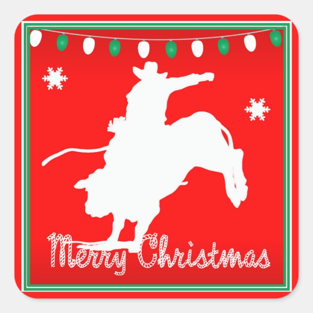 Western Rodeo Cowboy  Bull Riding  Christmas Square Sticker (Front)