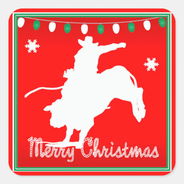 Western Rodeo Cowboy Bull Riding Christmas Square Sticker | Zazzle